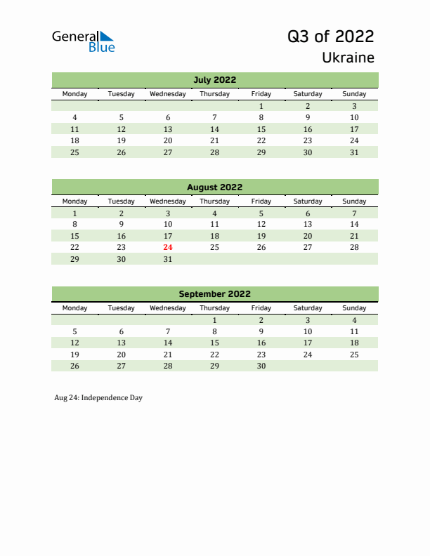 Quarterly Calendar 2022 with Ukraine Holidays