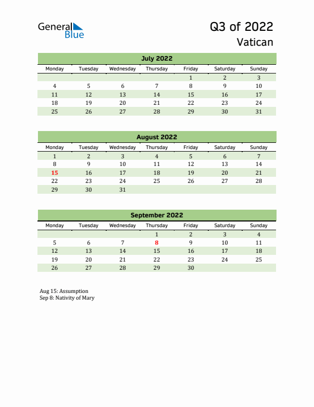 Quarterly Calendar 2022 with Vatican Holidays