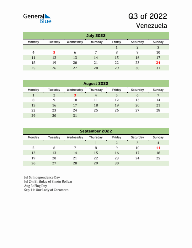 Quarterly Calendar 2022 with Venezuela Holidays