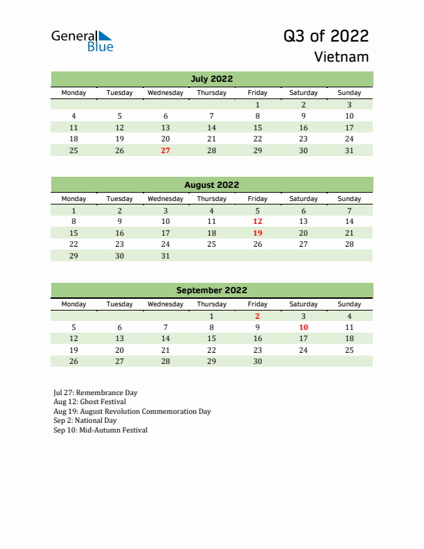 Quarterly Calendar 2022 with Vietnam Holidays