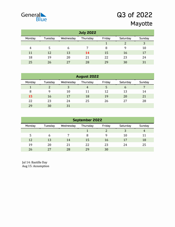 Quarterly Calendar 2022 with Mayotte Holidays