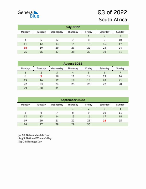 Quarterly Calendar 2022 with South Africa Holidays