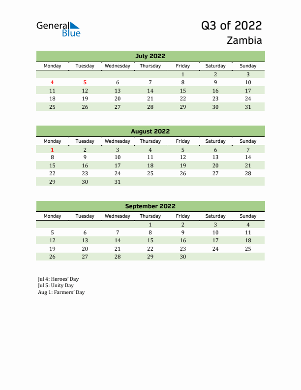 Quarterly Calendar 2022 with Zambia Holidays