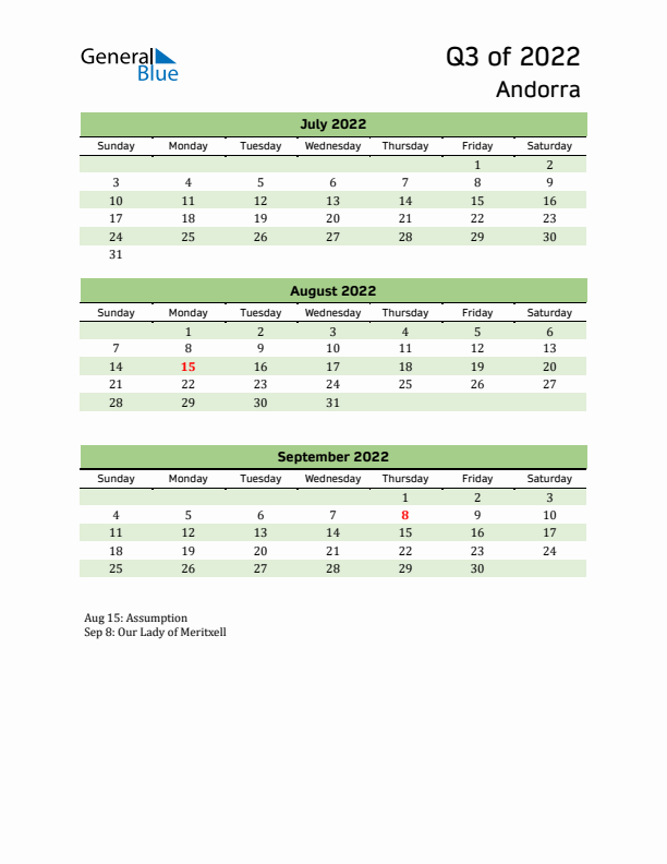 Quarterly Calendar 2022 with Andorra Holidays