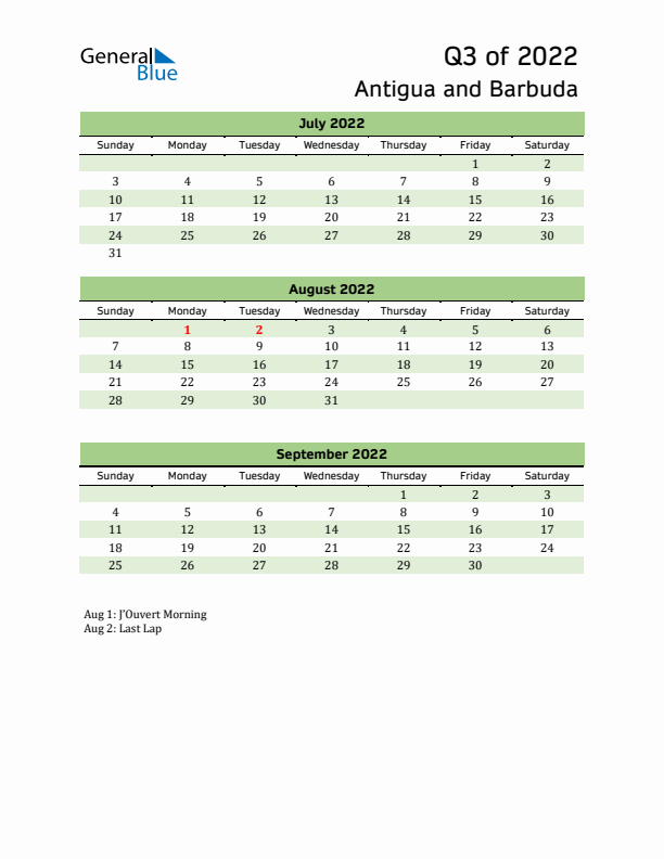 Quarterly Calendar 2022 with Antigua and Barbuda Holidays