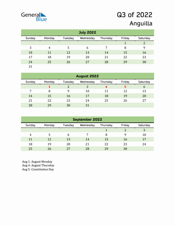 Quarterly Calendar 2022 with Anguilla Holidays