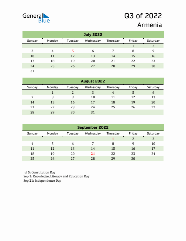 Quarterly Calendar 2022 with Armenia Holidays