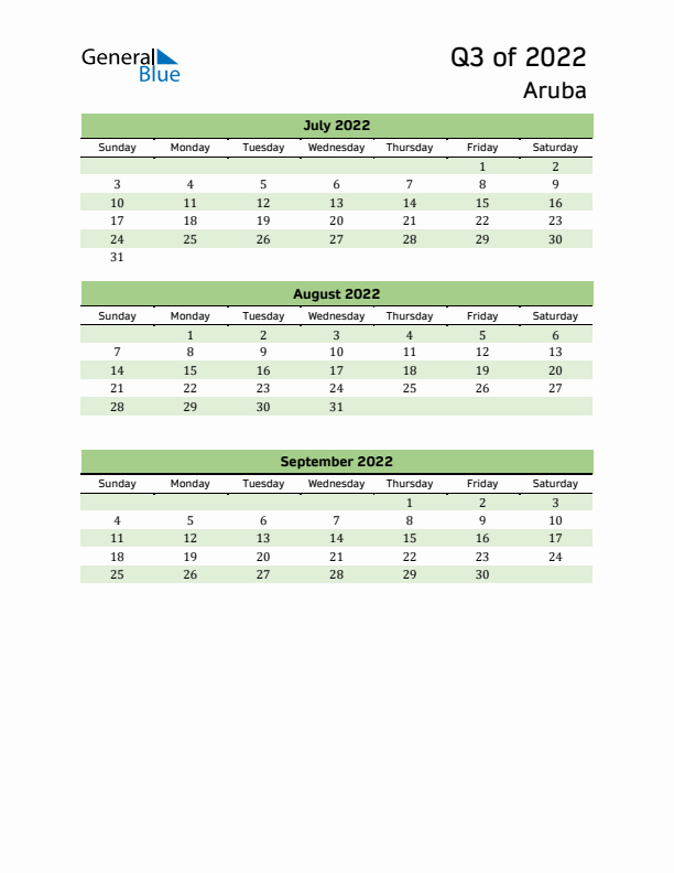 Quarterly Calendar 2022 with Aruba Holidays