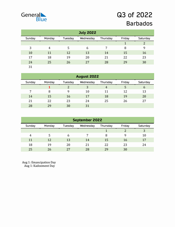 Quarterly Calendar 2022 with Barbados Holidays