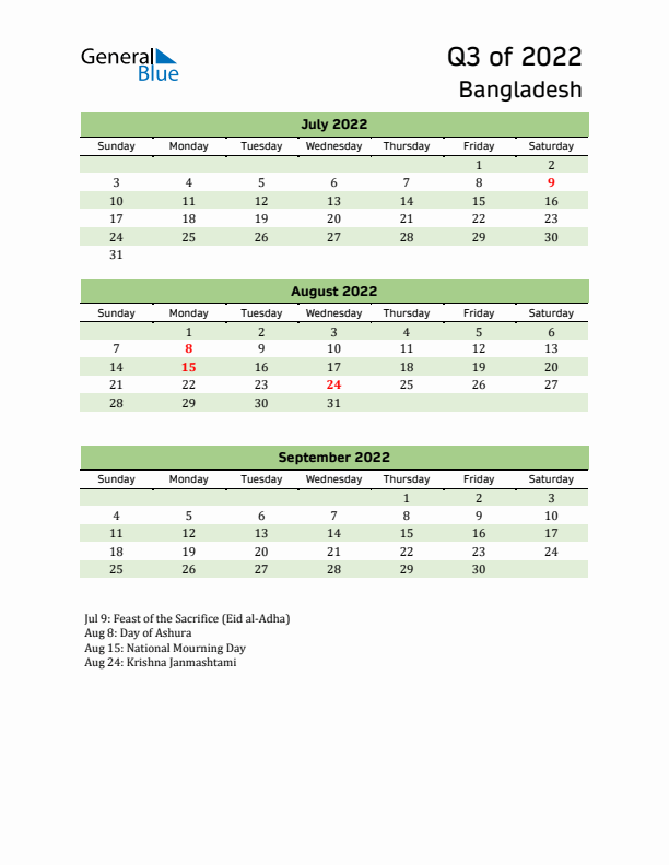 Quarterly Calendar 2022 with Bangladesh Holidays