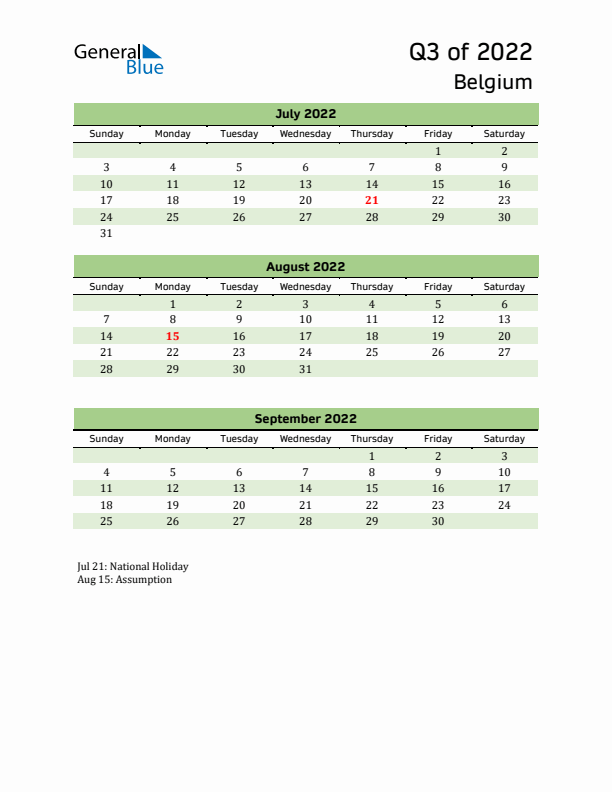 Quarterly Calendar 2022 with Belgium Holidays