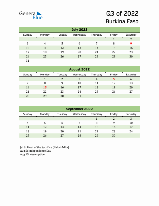 Quarterly Calendar 2022 with Burkina Faso Holidays