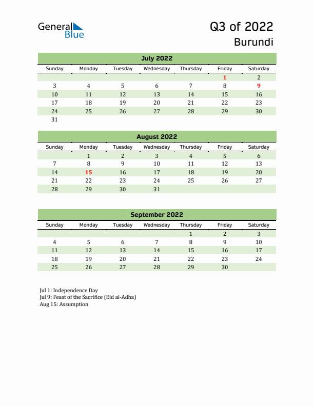 Quarterly Calendar 2022 with Burundi Holidays