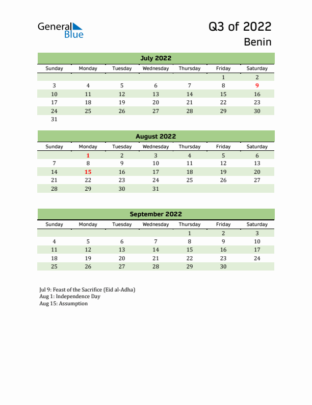 Quarterly Calendar 2022 with Benin Holidays