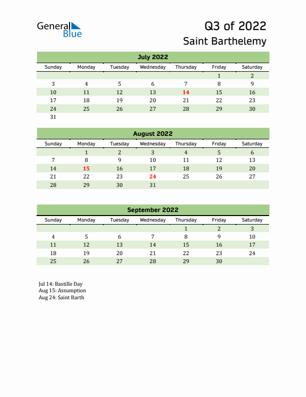 Quarterly Calendar 2022 with Saint Barthelemy Holidays