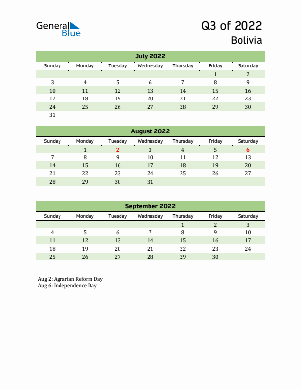 Quarterly Calendar 2022 with Bolivia Holidays