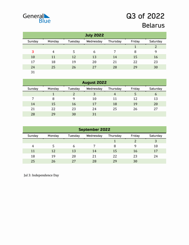 Quarterly Calendar 2022 with Belarus Holidays