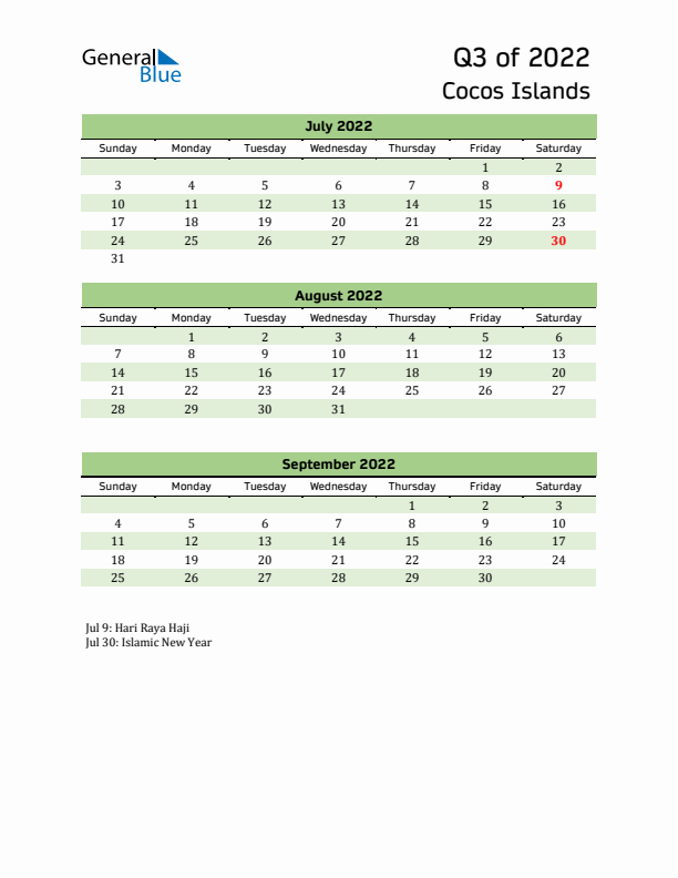 Quarterly Calendar 2022 with Cocos Islands Holidays