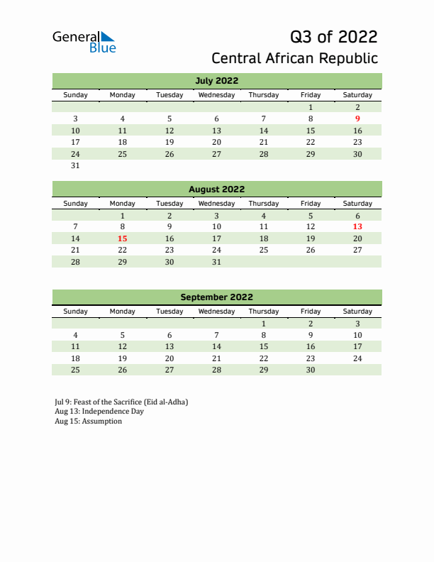 Quarterly Calendar 2022 with Central African Republic Holidays