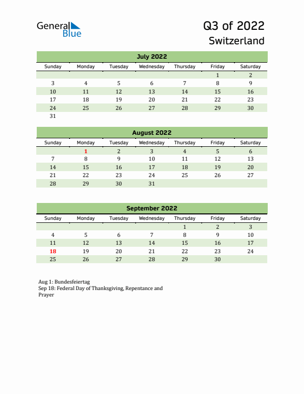 Quarterly Calendar 2022 with Switzerland Holidays