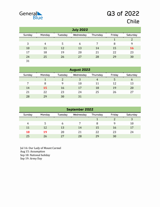 Quarterly Calendar 2022 with Chile Holidays