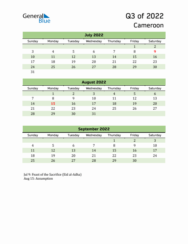 Quarterly Calendar 2022 with Cameroon Holidays