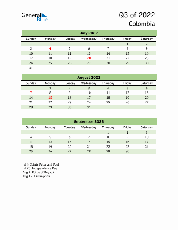 Quarterly Calendar 2022 with Colombia Holidays