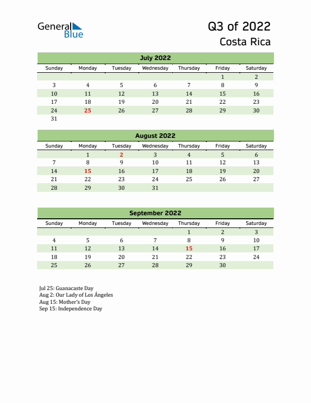 Quarterly Calendar 2022 with Costa Rica Holidays