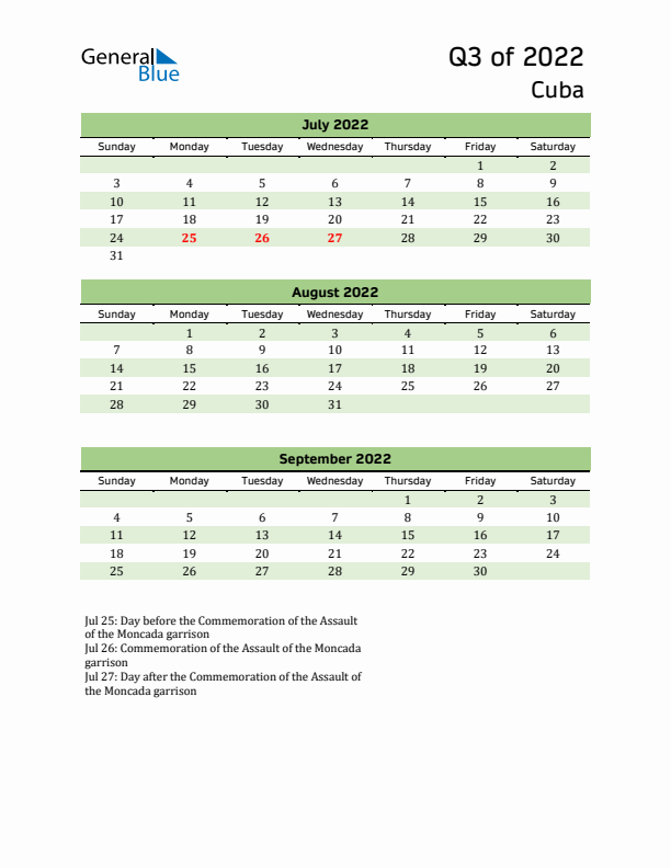 Quarterly Calendar 2022 with Cuba Holidays