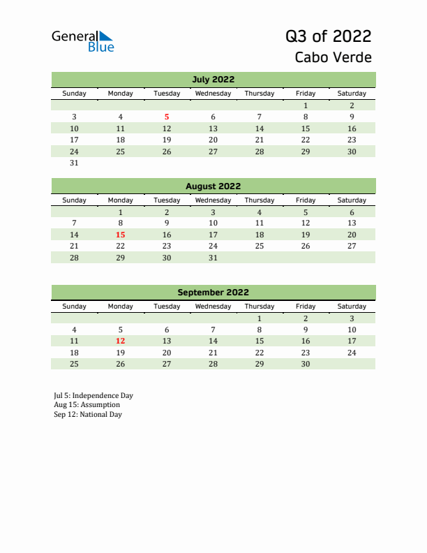 Quarterly Calendar 2022 with Cabo Verde Holidays