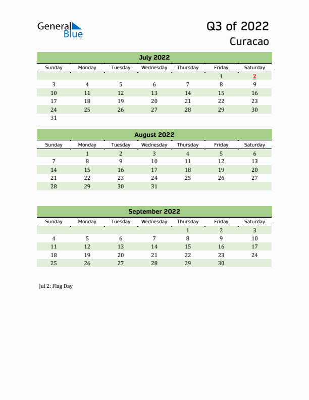 Quarterly Calendar 2022 with Curacao Holidays