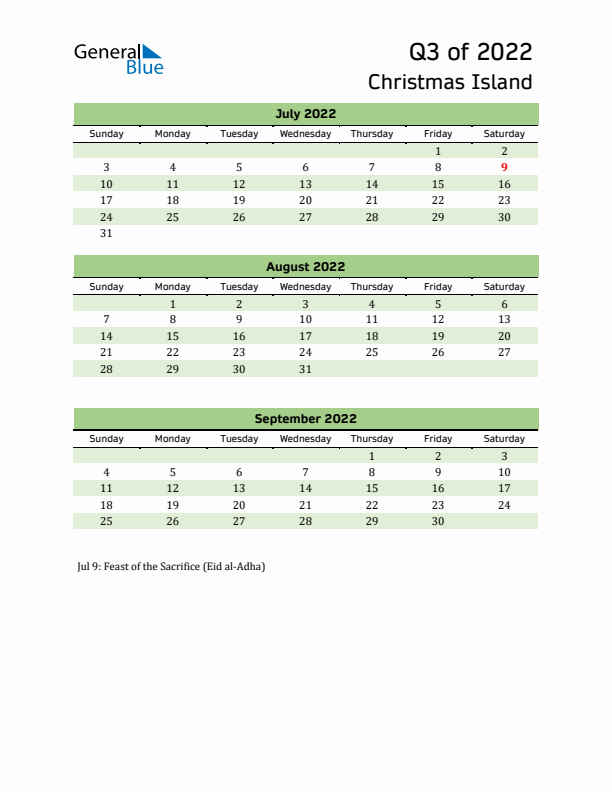 Quarterly Calendar 2022 with Christmas Island Holidays