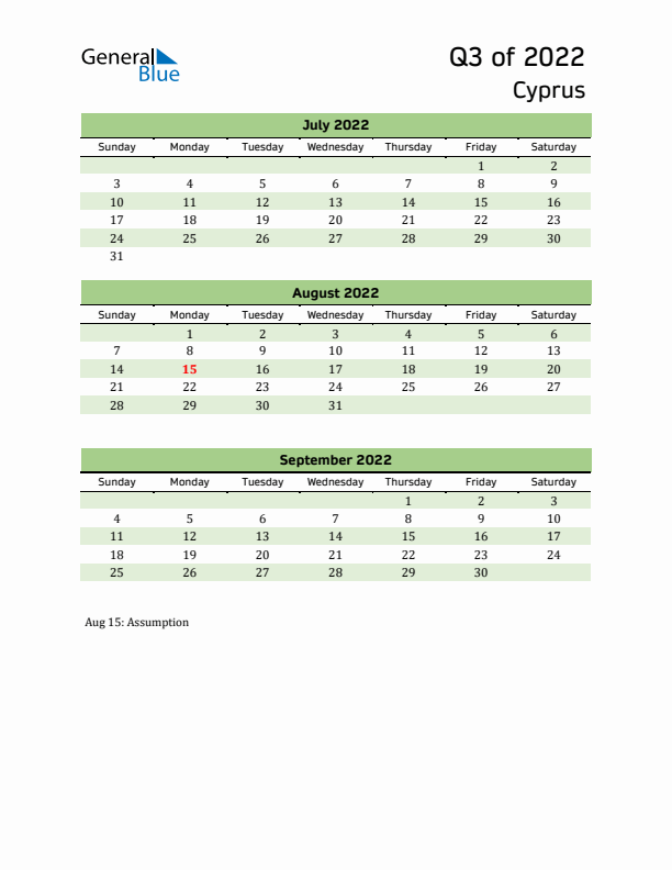 Quarterly Calendar 2022 with Cyprus Holidays