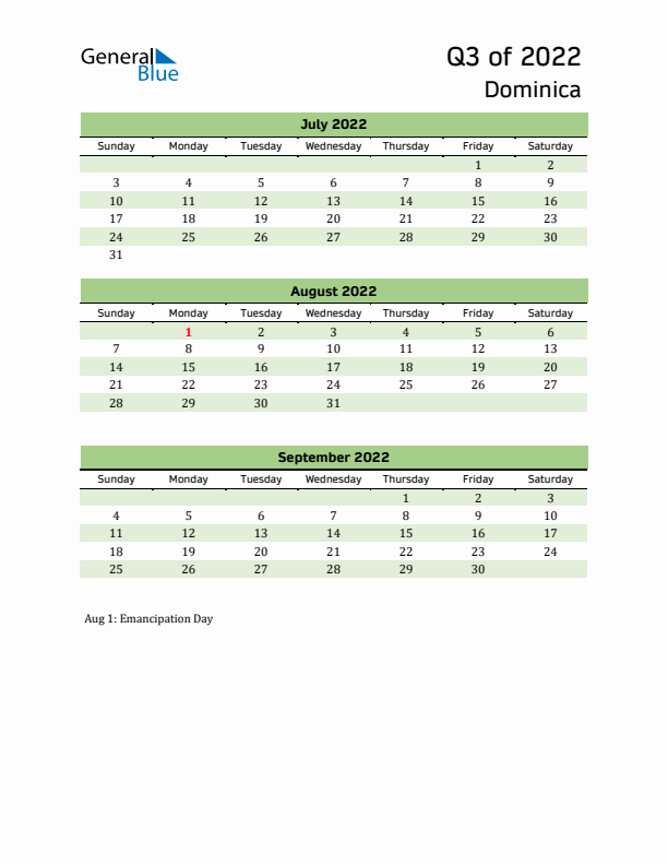 Quarterly Calendar 2022 with Dominica Holidays