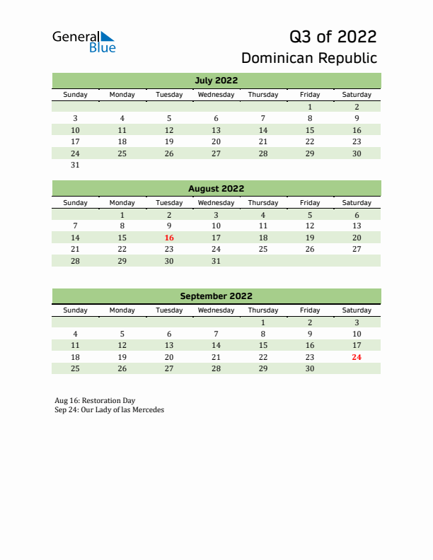 Quarterly Calendar 2022 with Dominican Republic Holidays