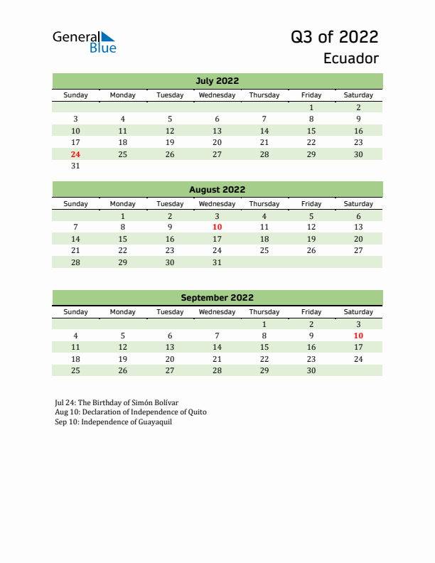 Quarterly Calendar 2022 with Ecuador Holidays