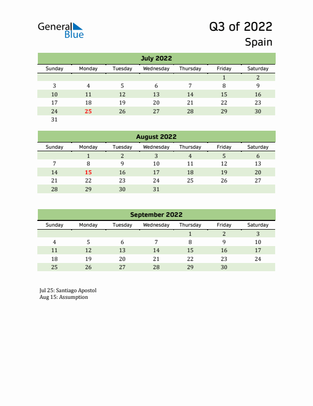 Quarterly Calendar 2022 with Spain Holidays