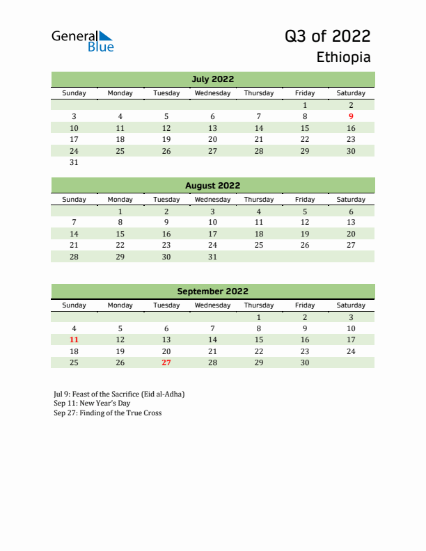 Quarterly Calendar 2022 with Ethiopia Holidays