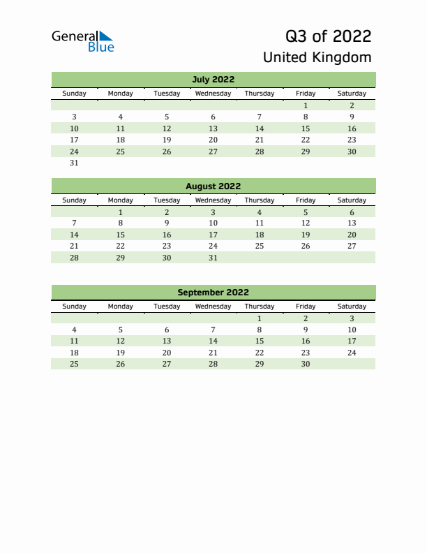 Quarterly Calendar 2022 with United Kingdom Holidays