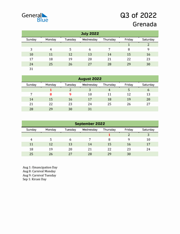 Quarterly Calendar 2022 with Grenada Holidays