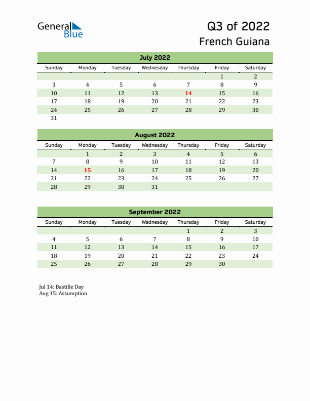 Quarterly Calendar 2022 with French Guiana Holidays