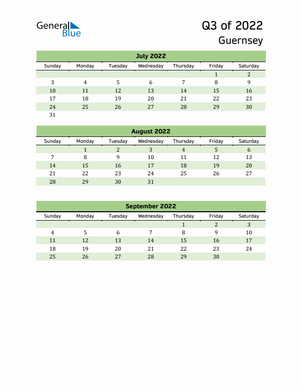 Quarterly Calendar 2022 with Guernsey Holidays