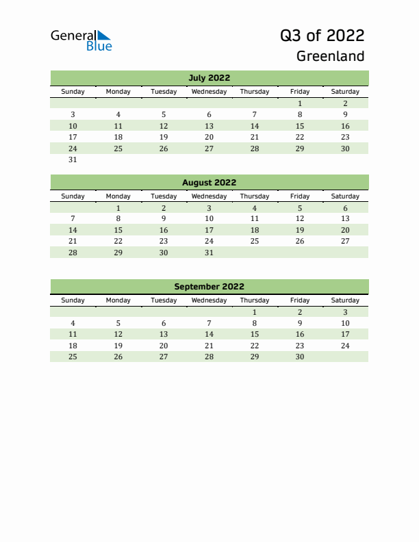 Quarterly Calendar 2022 with Greenland Holidays