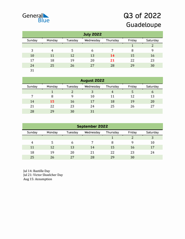 Quarterly Calendar 2022 with Guadeloupe Holidays