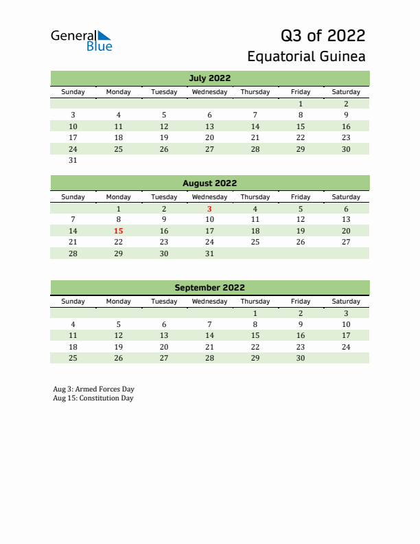 Quarterly Calendar 2022 with Equatorial Guinea Holidays