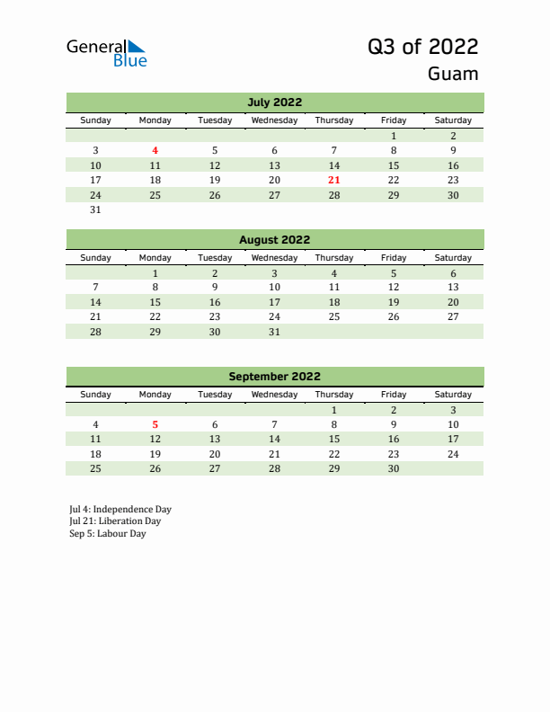 Quarterly Calendar 2022 with Guam Holidays