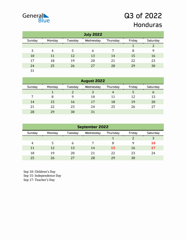 Quarterly Calendar 2022 with Honduras Holidays