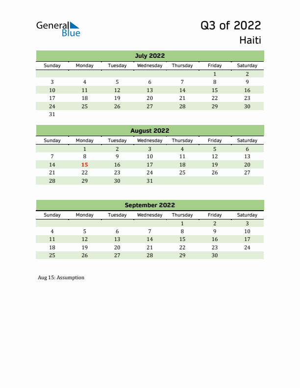 Quarterly Calendar 2022 with Haiti Holidays