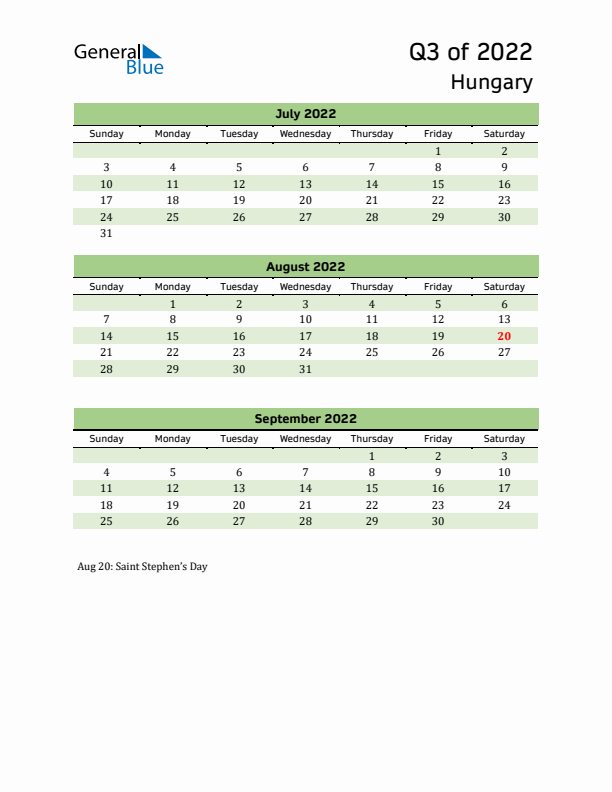 Quarterly Calendar 2022 with Hungary Holidays