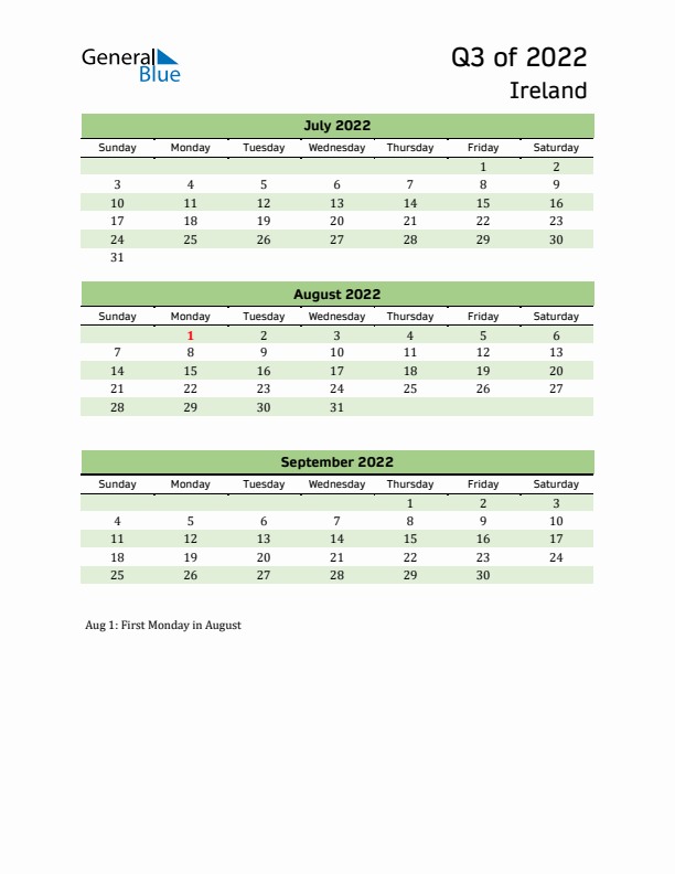 Quarterly Calendar 2022 with Ireland Holidays